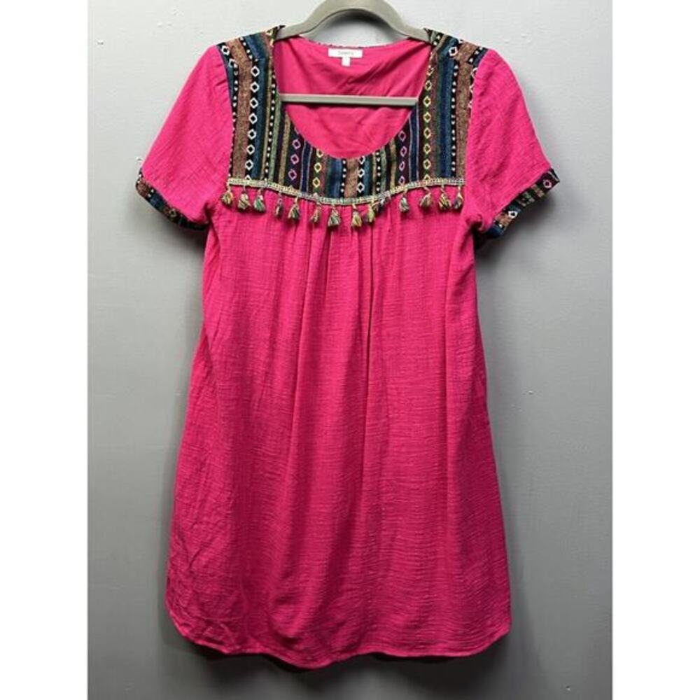Jodifl Womens small Boho Tapestry Tassel Pink‎ Shift dress Lined Coastal Beach